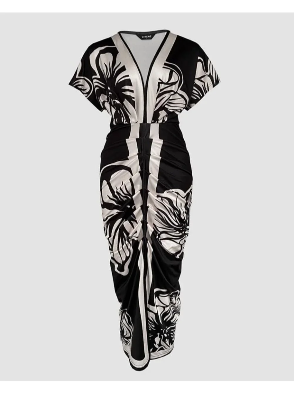 Women's A-Black Polyester Elastane Floral Print V Neck Slit Bodycon Midi Dress